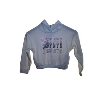 DKNY NYC Girls Size 5 White Cropped Hoodie Sparkle Graphic Logo